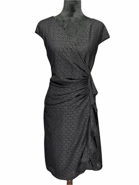 Black Eyelet Faux-Wrap Midi Dress